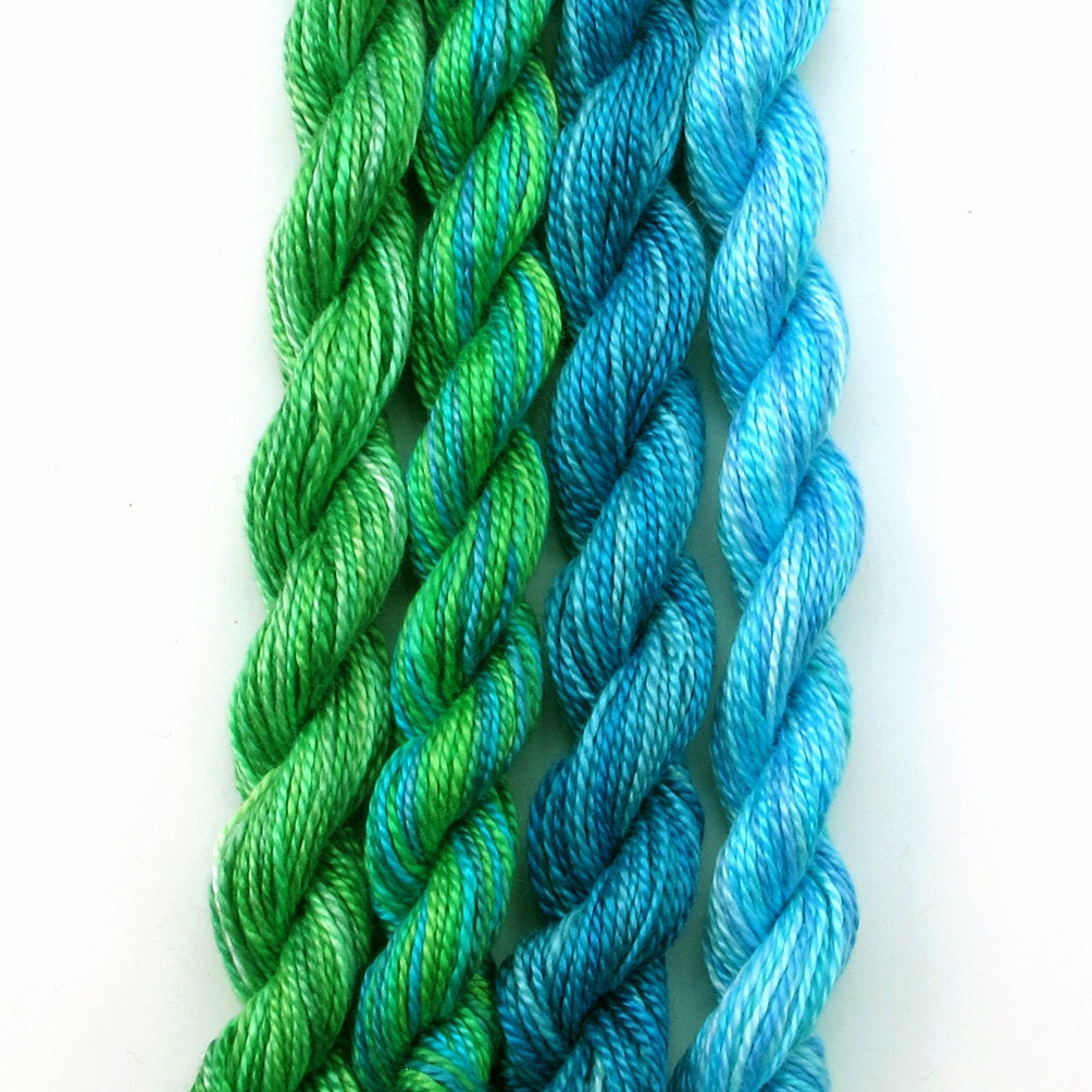 4 mini skeins, hand dyed cotton perle 8 embroidery yarn - emerald green, bright green, turquoise, sky blue, light blue