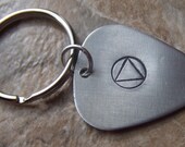 Recovery Jewelry- Handstamped Guitar Pick Key Ring Inspirational AA Symbol