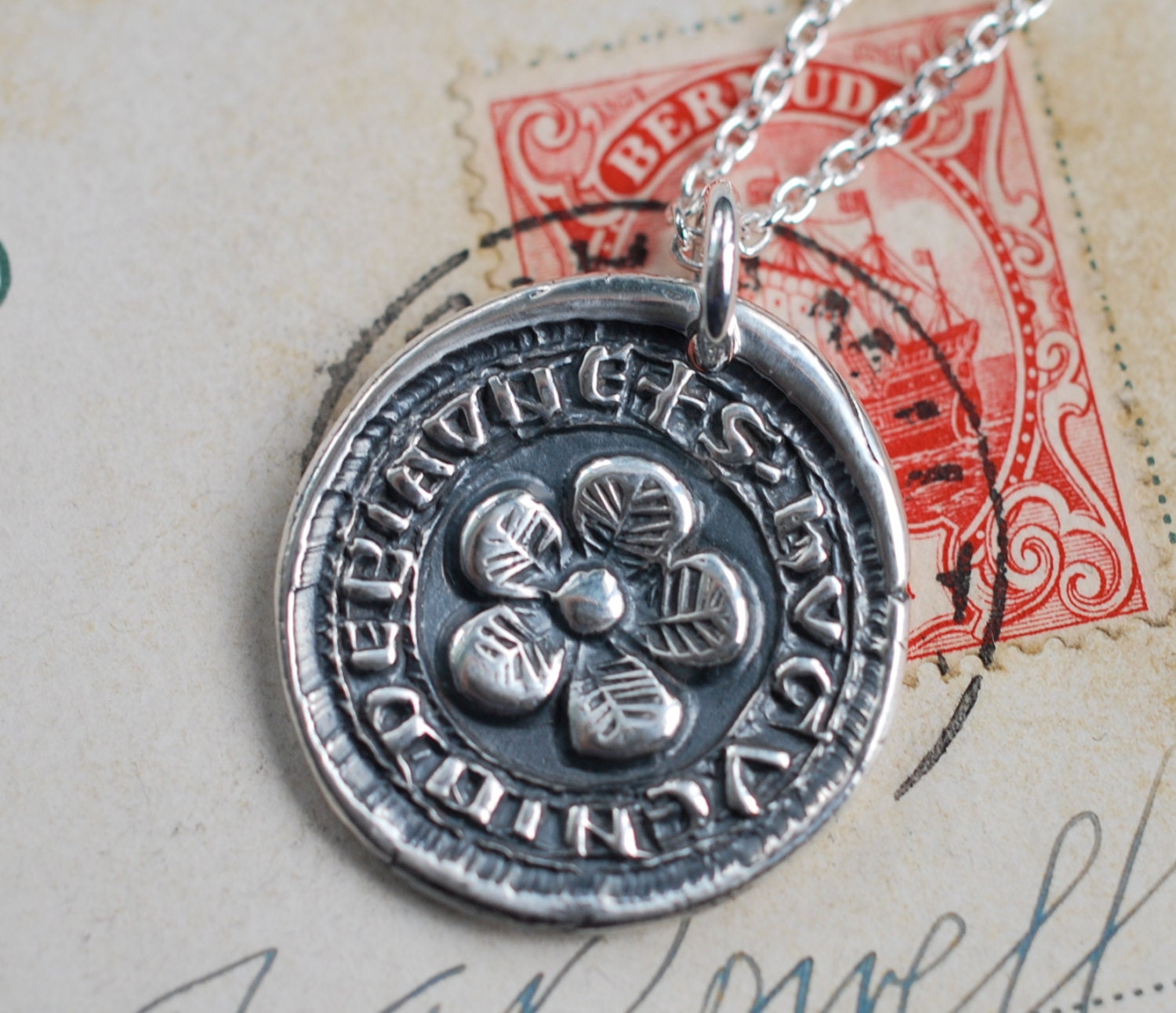 medieval flower wax seal necklace charm in fine silver... where flowers bloom, so does hope