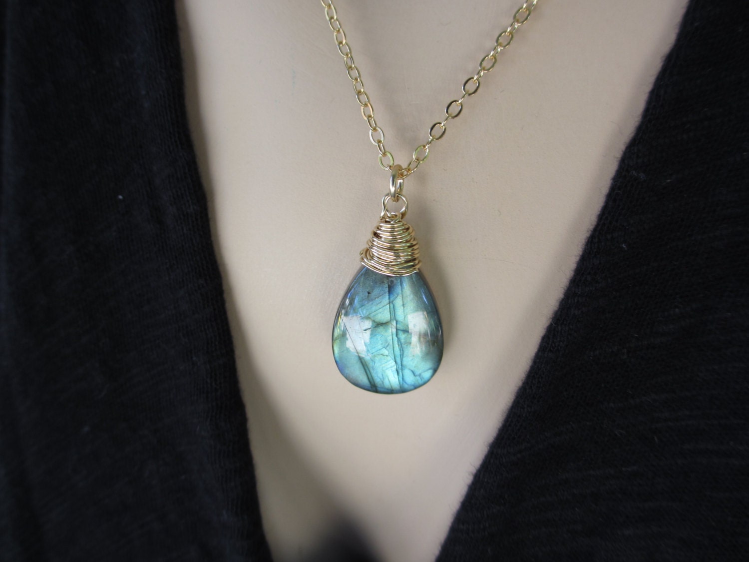 Labradorite Pendant Necklace, Green, Gold, Wire Wrapped, Large, Irisjewelrydesign