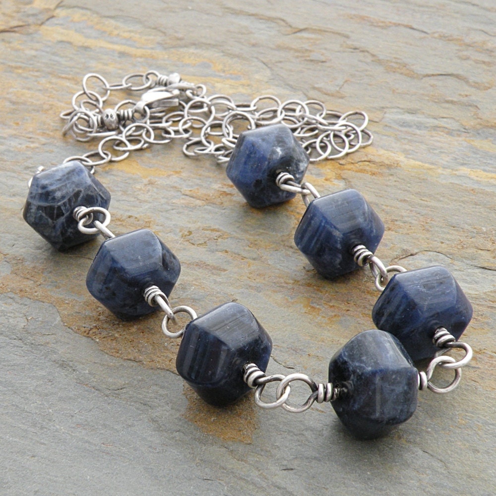 Blue Gemstone Necklace, Sodalite, Wire Wrapped, Sterling Silver, Simple, Casual