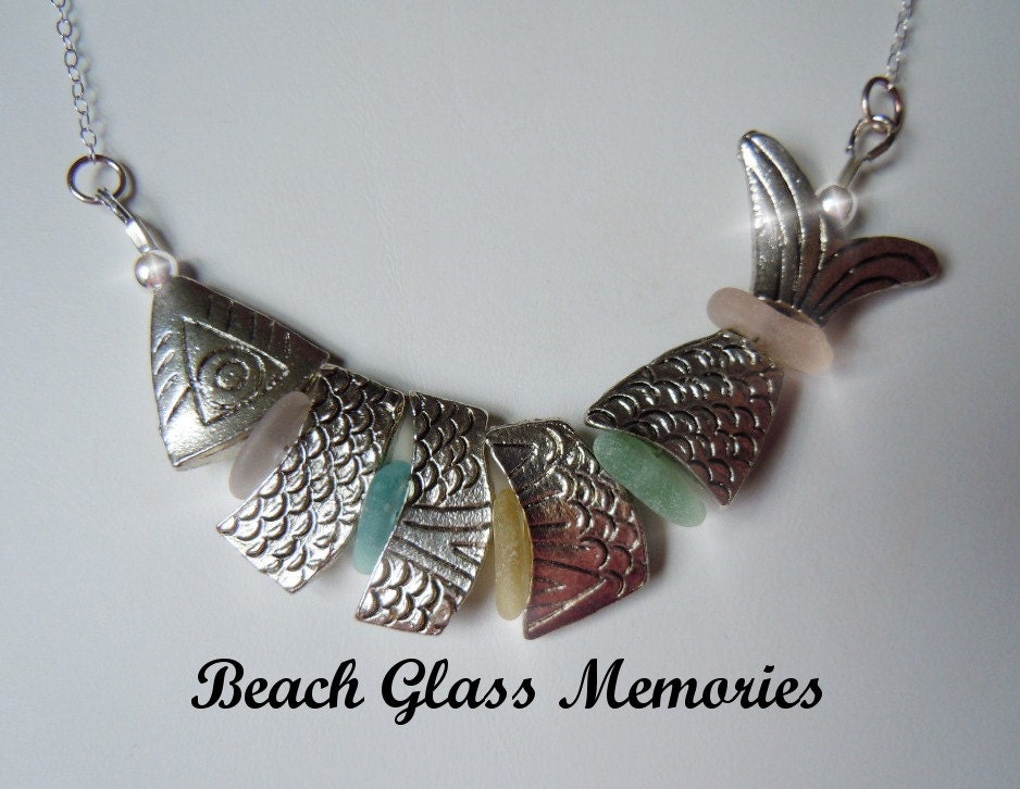Fish Sea Glass  Necklace - Multicolored Beach Glass Jewelry Seaglass Necklace