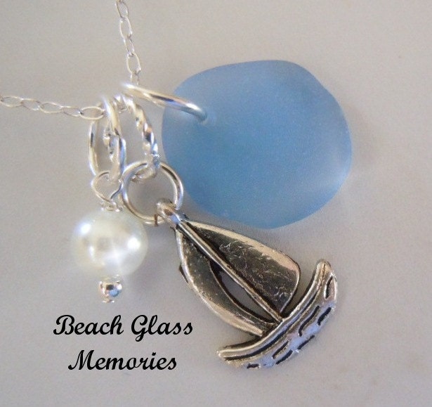 Beach Glass Necklace - Sky Blue - Sea Glass Seaglass Sailboat Charm
