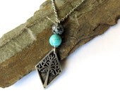 Tree of Life Wire Wrapped Necklace Repurposed Button Turqoise Obsidian Stone Beads Pendant Handmade Eco Friendly Wooden Jewelry by Hendywood