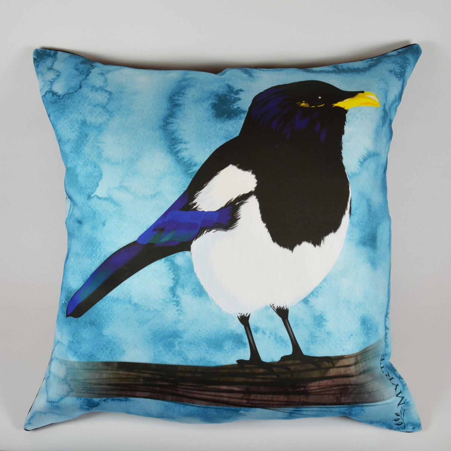 Pillow case Californian Magpie with background in blue  in 16x16 inch 40x40cm for throw pillow or accent pillow. Last one.
