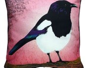 Cushion cover for throw pillow with bird - Magpie in pink - 16x16 inch 40x40cm DELUXE edition