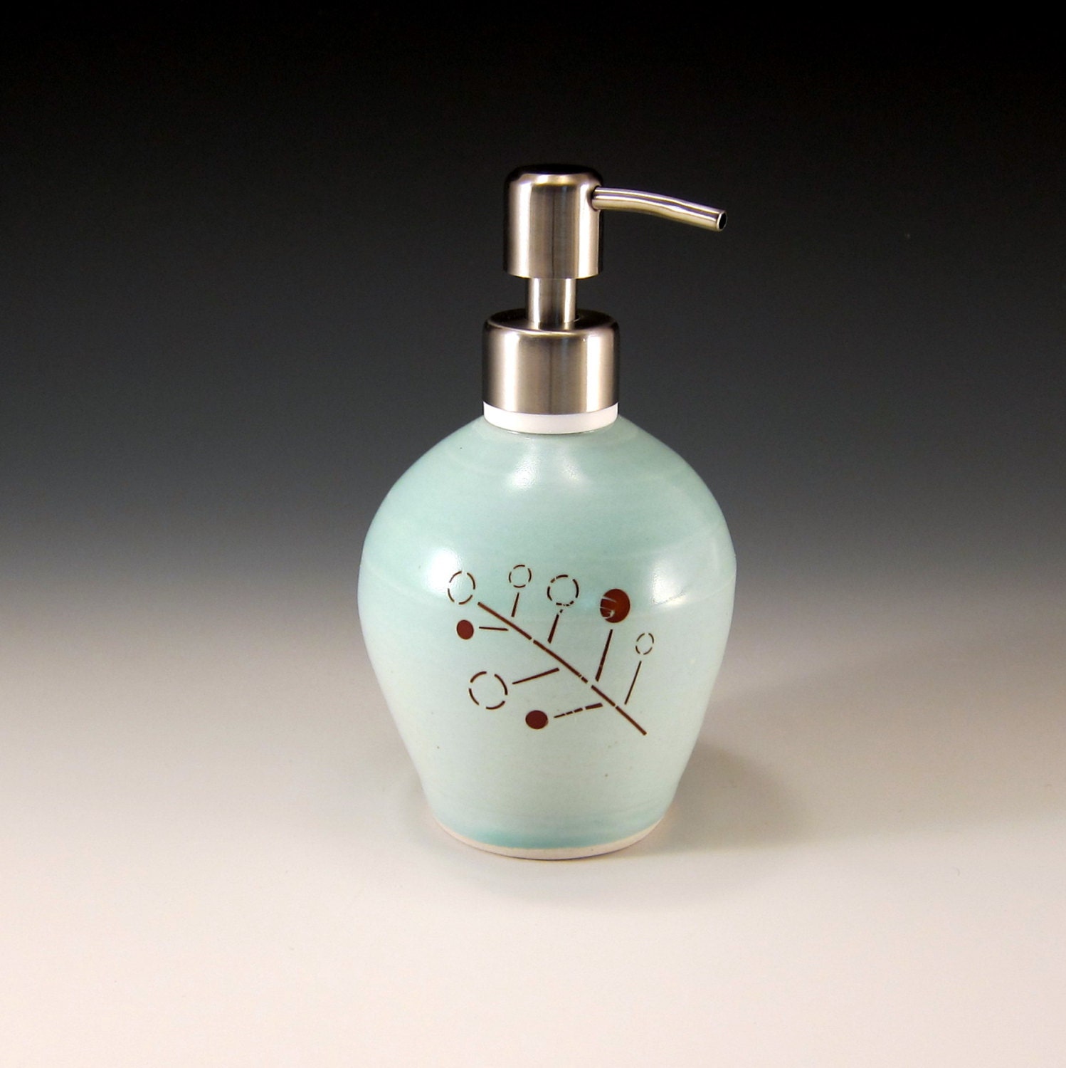 Porcelain soap dispenser - brushed nickel pump - celadon glaze with mod decoration