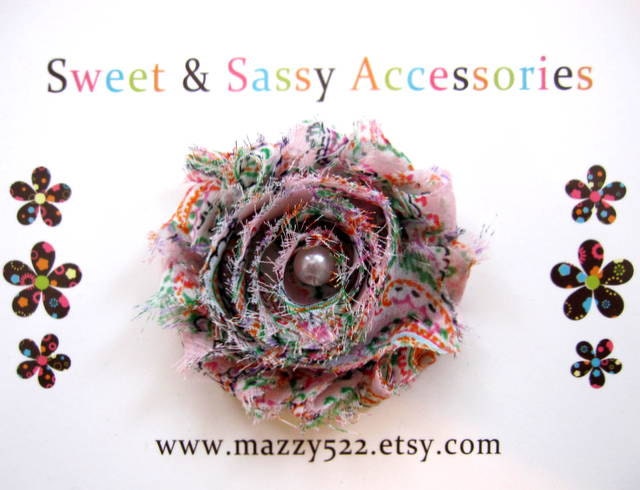 Pale Pink Paisley Shabby Fabric Flower Hair Clip