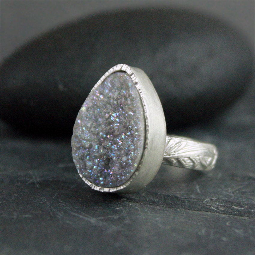 Druzy Statement Ring, Frosted Pastel Blue with Floral Silver Band