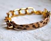 brown leopard thin leather spike and chain layering bracelet