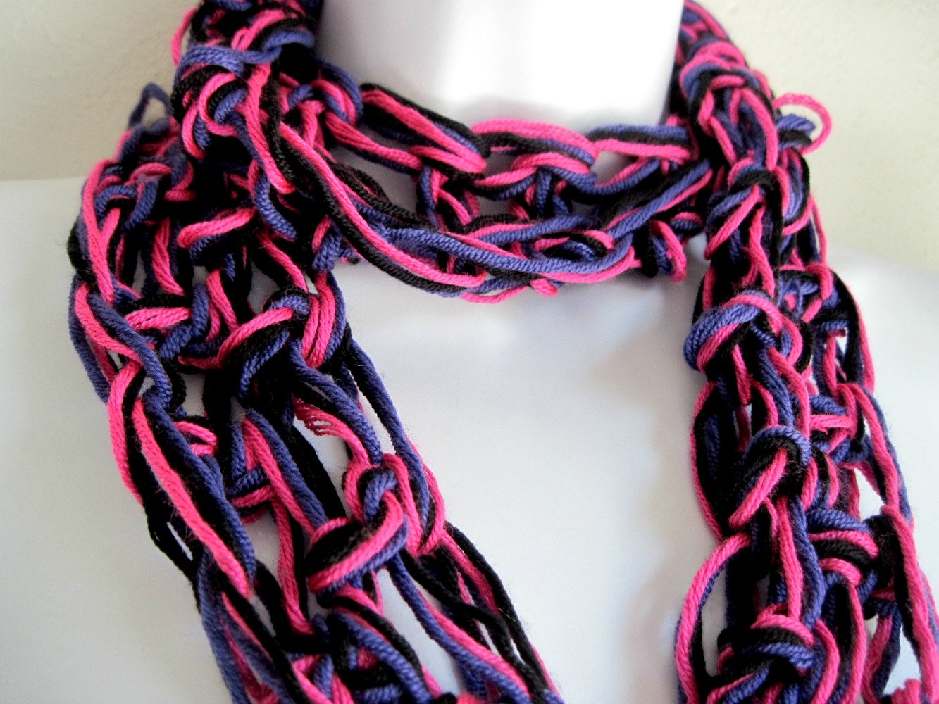 Summer Infinity Scarf, Pink, Purple and Black, Multicolored, Crocheted, Loop, Double Loop