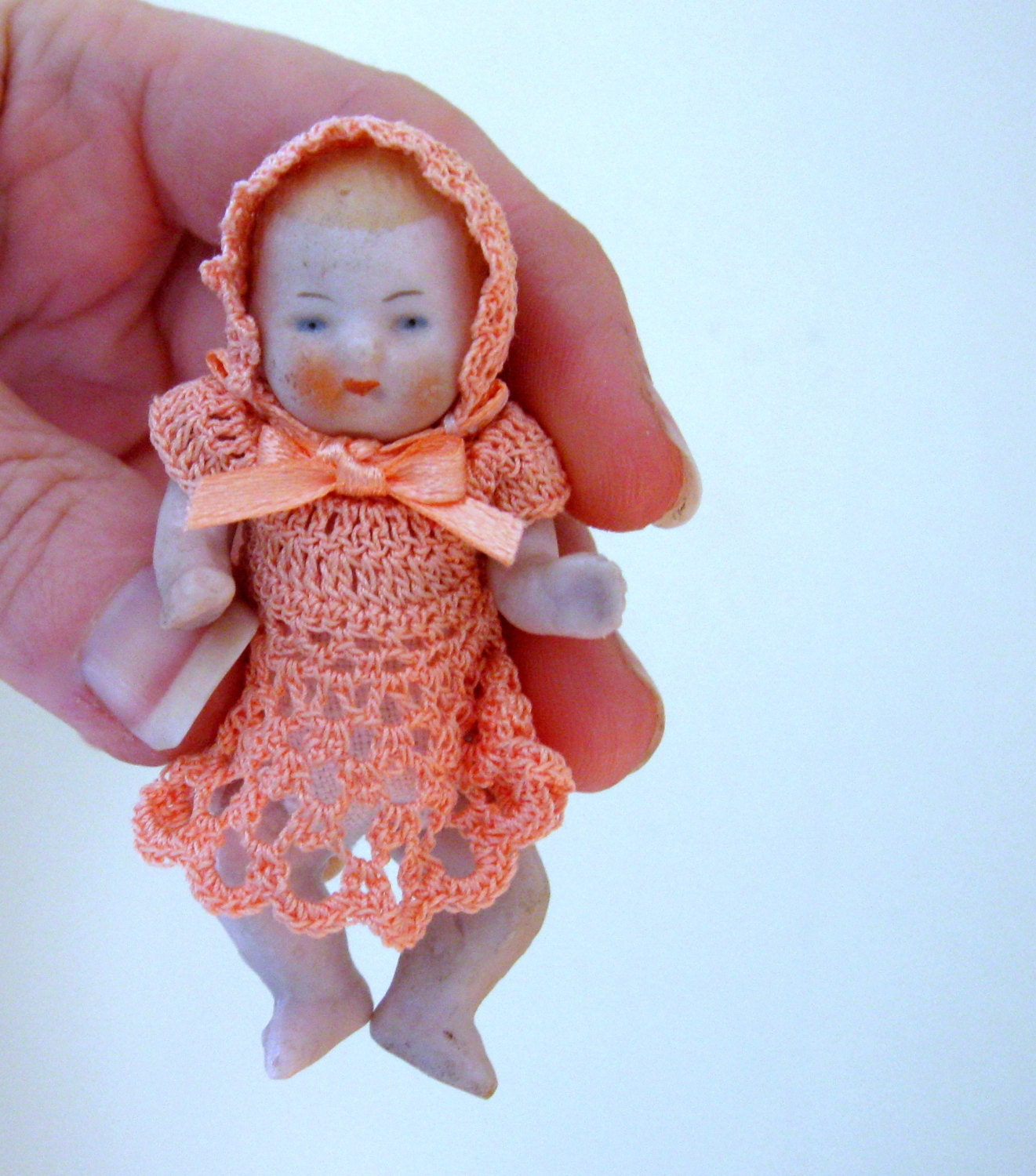German Antique Bisque Baby Doll 2 3/4 Inches Crocheted Clothing Jointed Germany