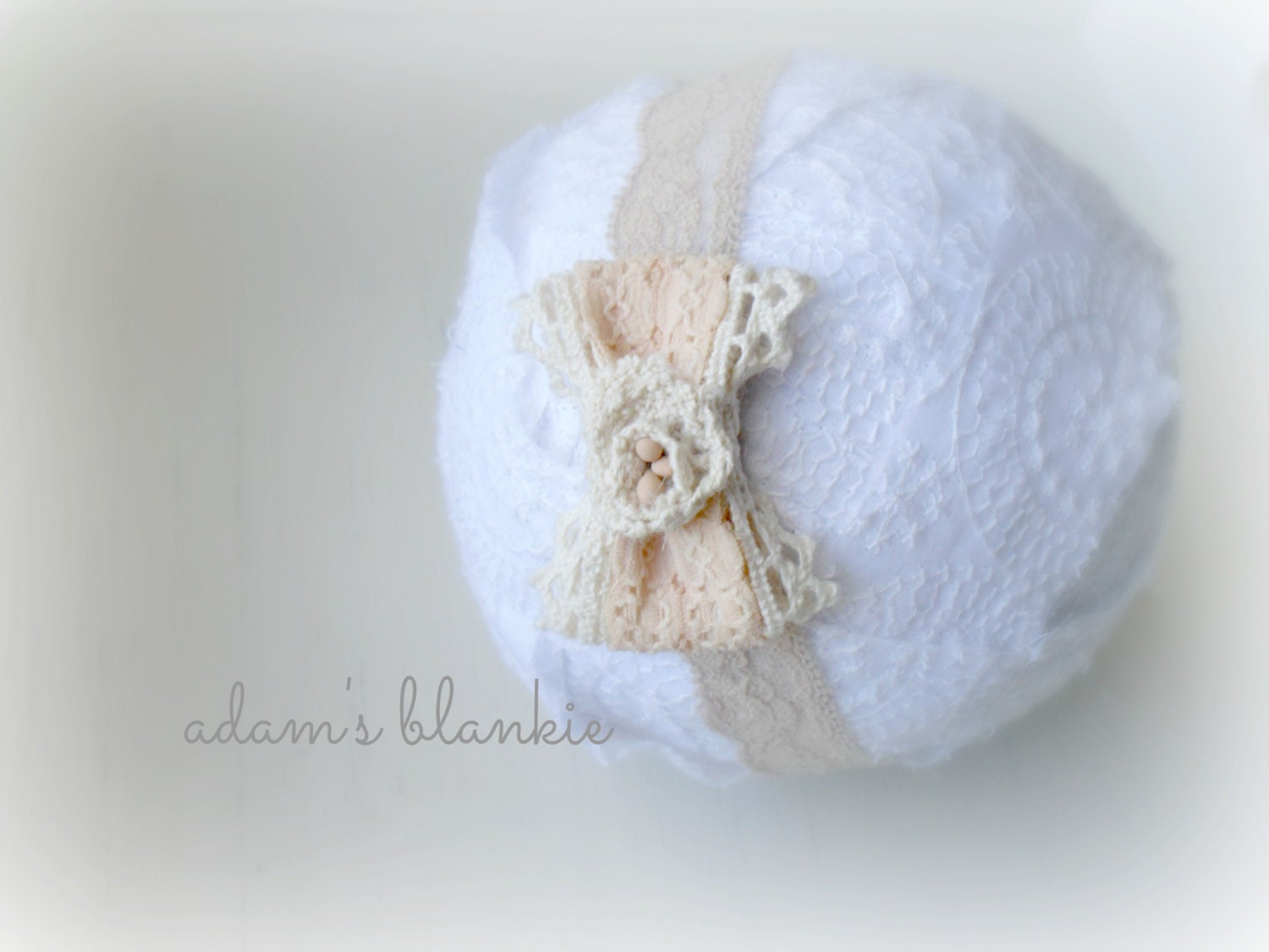 Ginger - Lace Beads Bow Headband - Vintage Inspired - Cream Ivory Peach Beige - Newborn Infant Baby Girl Toddler Adult