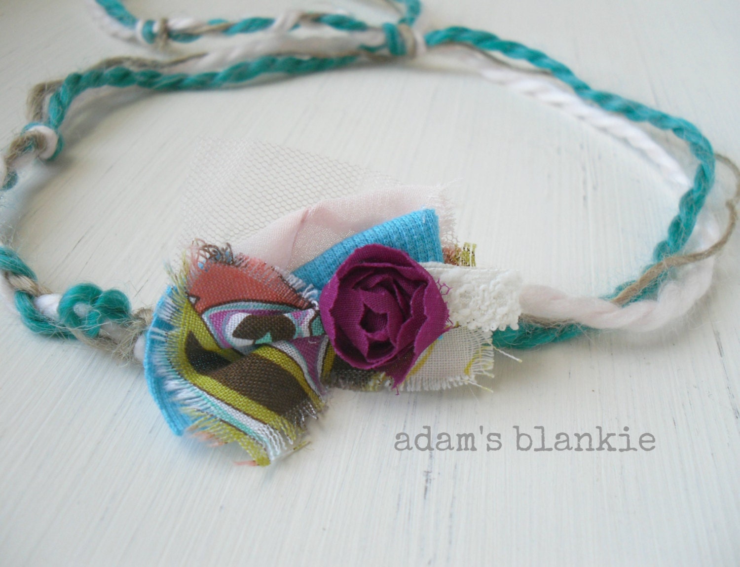 Meira - Tie Back Open Halo Headband - Aqua Brown Coral Cream Plum - Twine Yarn - Flower Lace - Newborn Baby Girl Infant Adults - Photo Prop