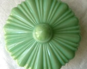 shiny Fire King Green Jadeite Candy Dish - Ribbed Cover Lid - Vintage 1940s 40s Seafoam Green Color - collectible