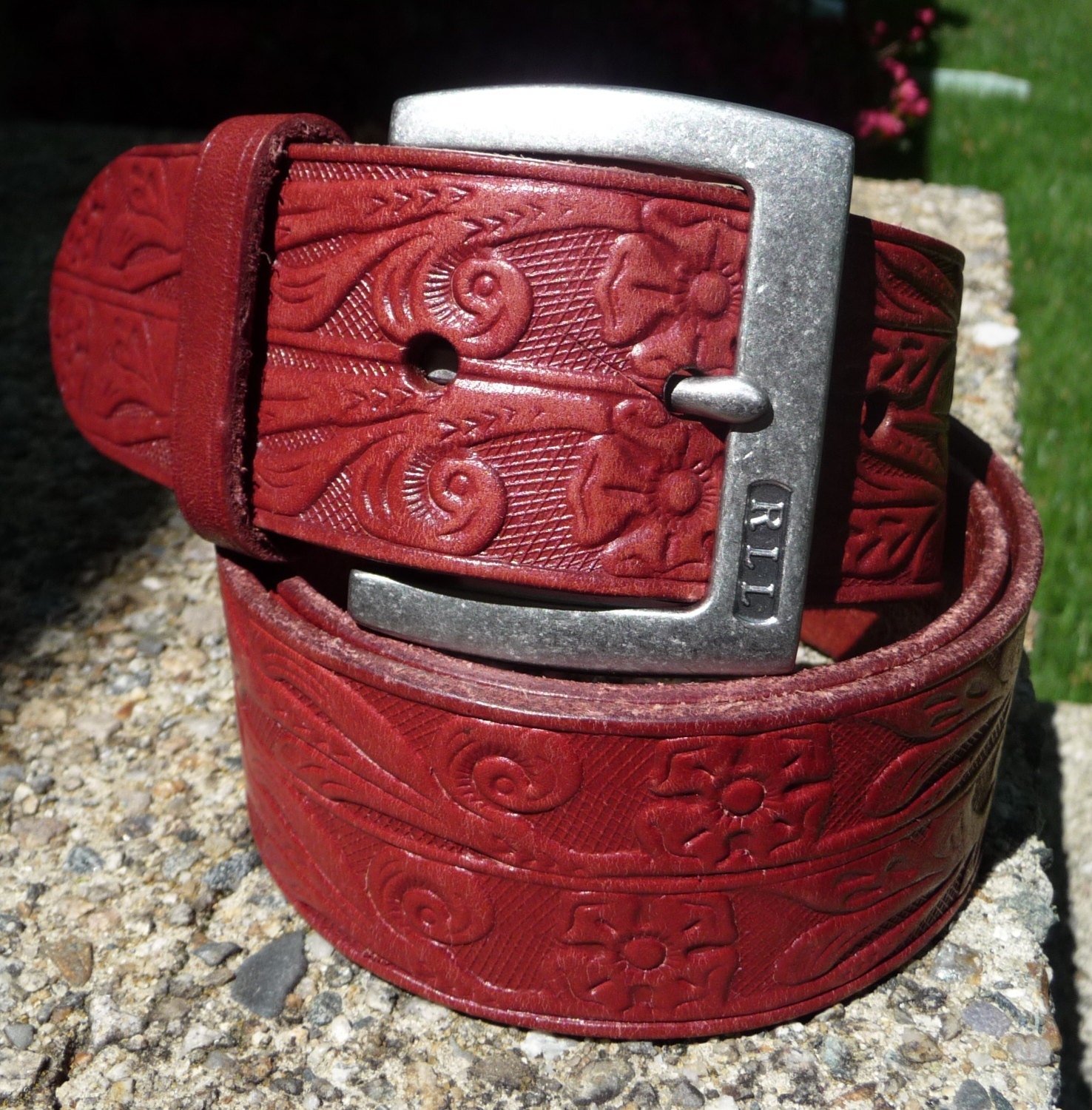 Ralph Lauren Red Tooled Leather Belt - Genuine Leather - Silver Buckle - Designer - Made in Mexico - Mens Womens Unisex - 2" Wide Width