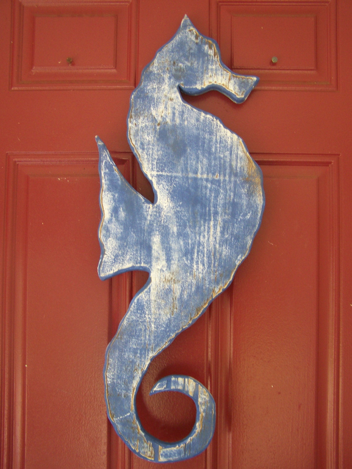 Wood Carved Seahorse in Nautical Blue 30in Heavily Distressed Tropical Beach Cottage Coastal Fun Decor