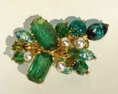 Vintage Kramer Brooch Green Peridot & Emerald Crystal Beaded Rhinestone Floral Spray Pin - Austria