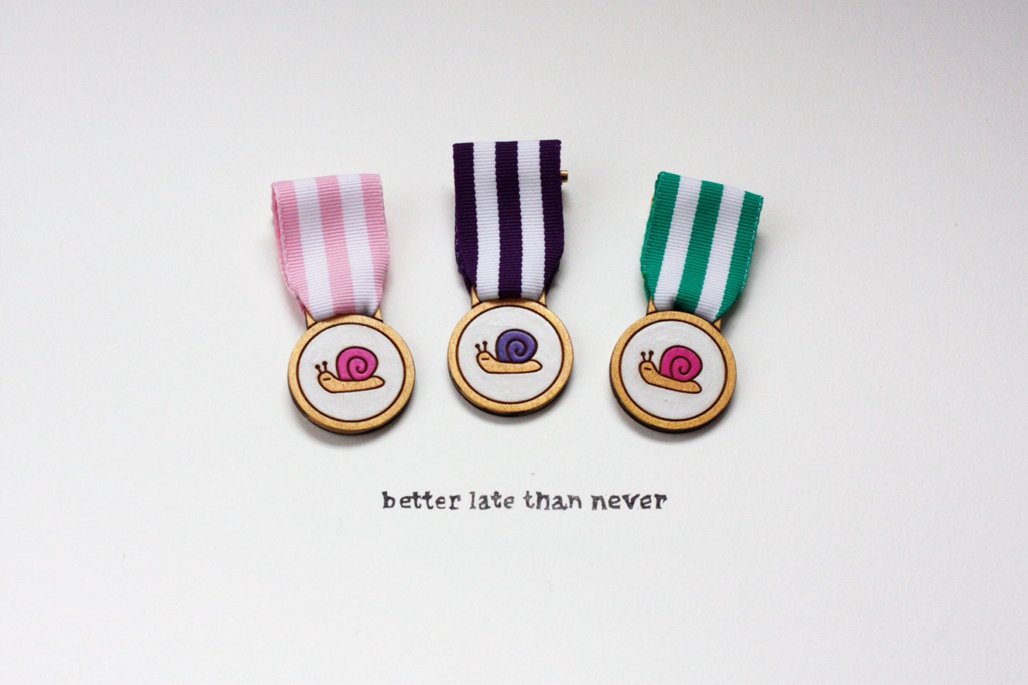 Snail Medal. Laser Cut sustainable wood. Ribbon and brooch Back. Handmade and painted.
