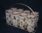 Vintage Set of 8 Glasses & Holder-Carrier- Mad Men Era-Bar Glasses- Hi Balls- Barware-Mid-Century Cocktail Motif Design Set of 8