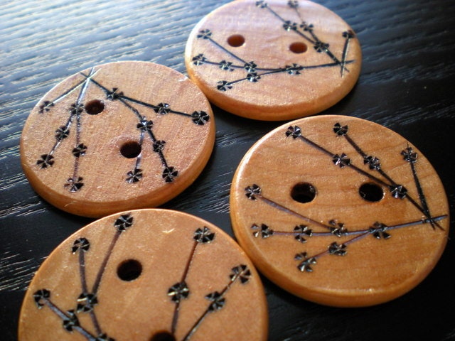 Cherry Blossom Wooden Buttons Large Woodburning