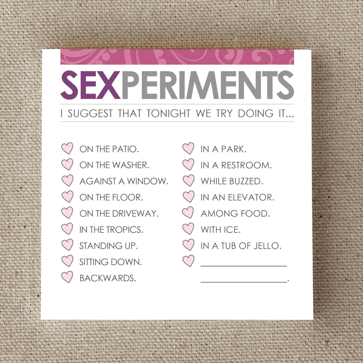 Sexy, Adult Gag Gift, for Husband, Wife, Boyfriend, Girlfriend, "Sexperiments" (NSN-L003)