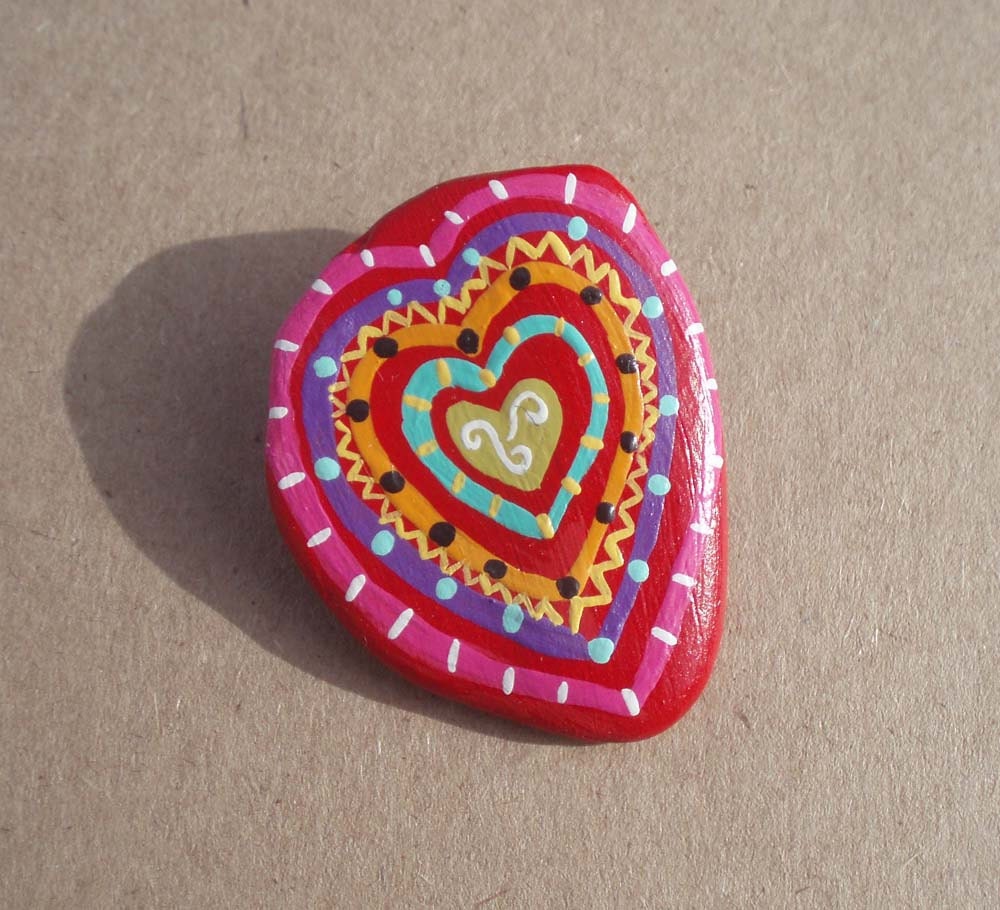 Handpainted Multicolored Heart on Waterworn Stone Pin - geminiriverrocks