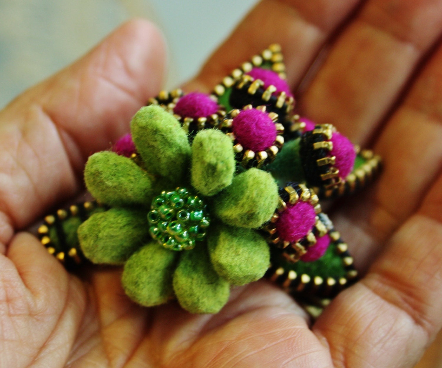Felt and zipper  flower brooch