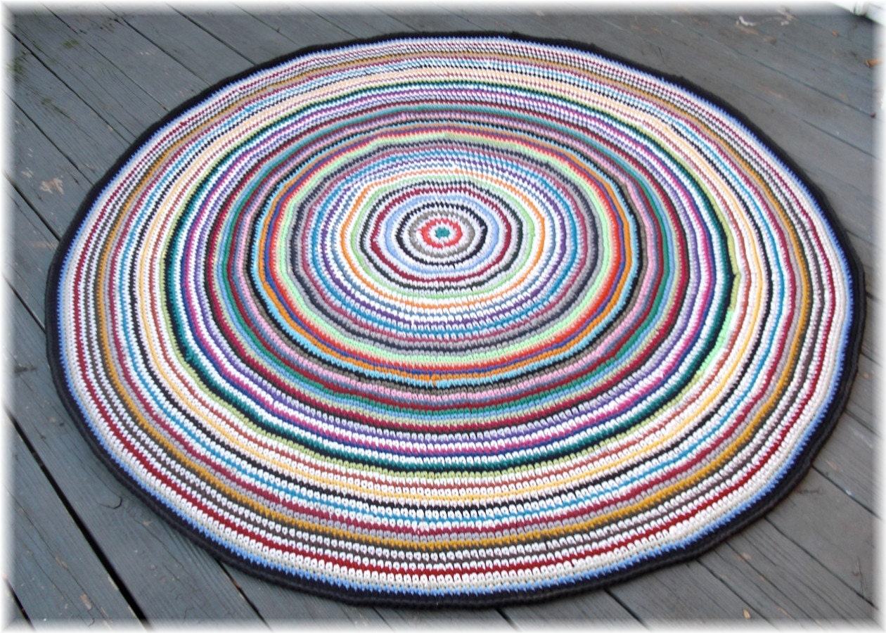 Rag Rug Large Round Crochet Multi Color 70 inches Made From T Shirts