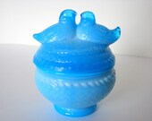 Vintage Blue Milk Glass Love Birds Covered Dish