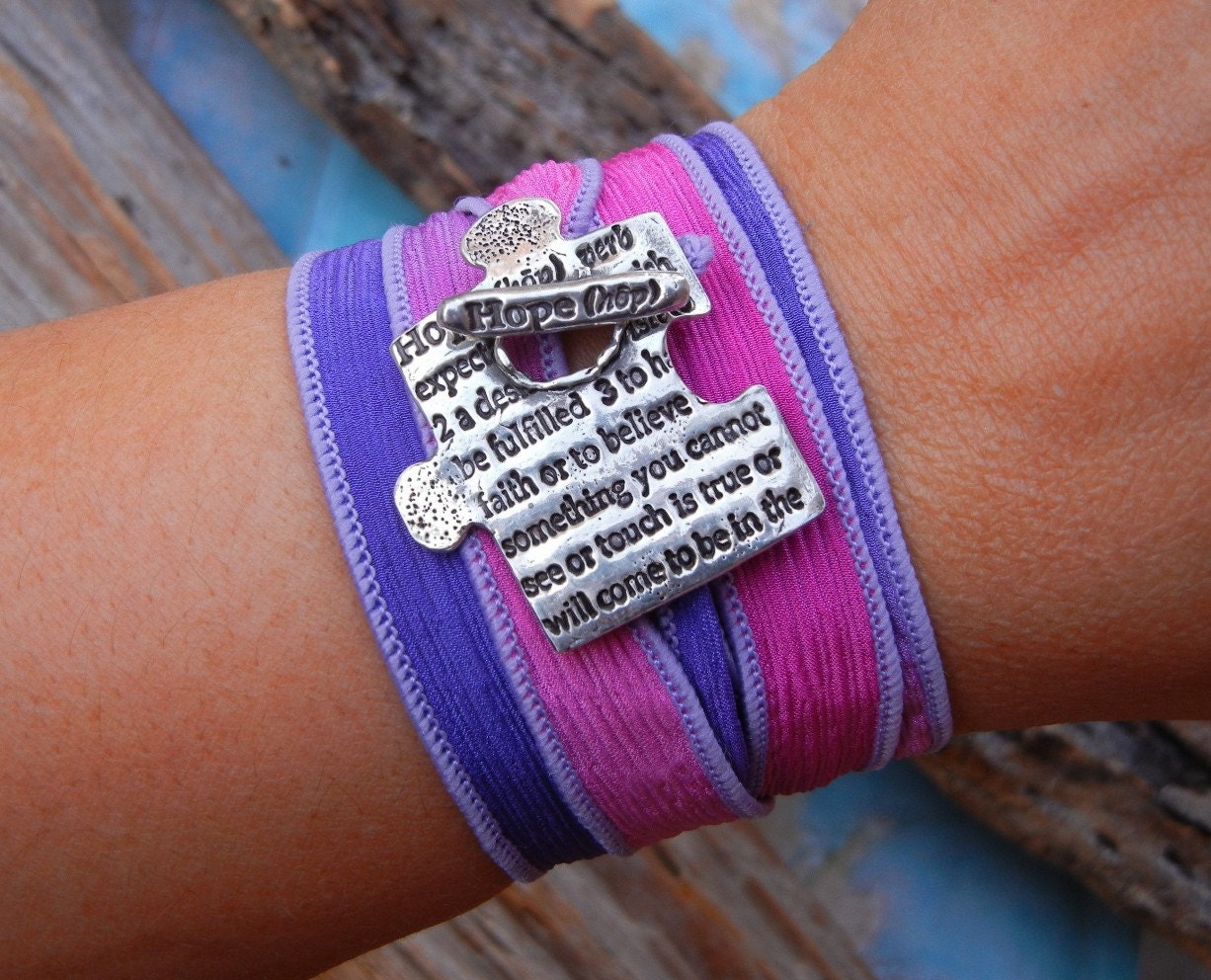 Puzzle Piece Jewelry, Memorial Jewelry, HOPE Silk Wrap Bracelet, Inspirational Quote Silver Wrap Bracelet, Inspirational Gift