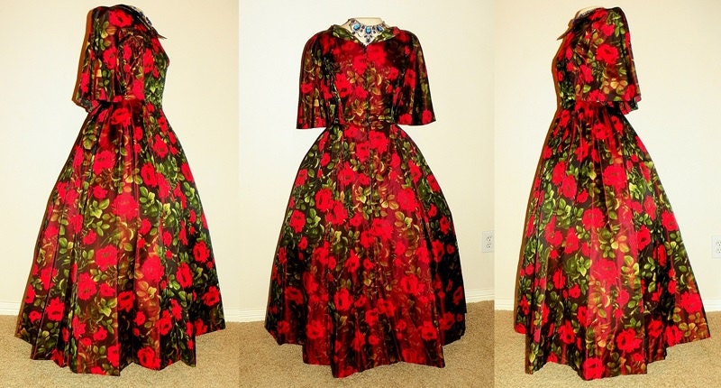 1950's Red ROSE Print Silk Taffeta Couture Gown Vintage 50's ESTEVEZ Watercolor Roses Formal Hostess Structured Party Cocktail Dress