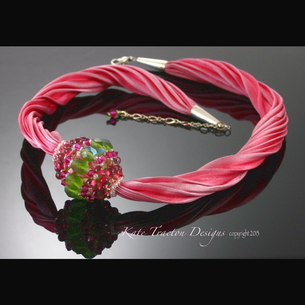 SALE - Candy Pink Beaded Bead Necklace, Beadweaving