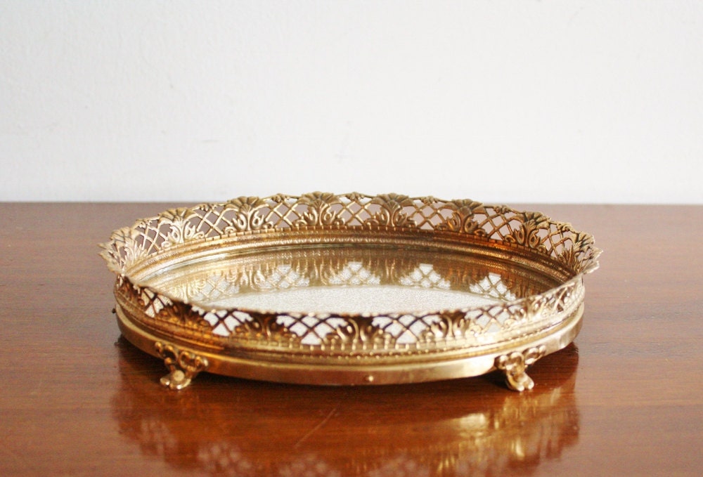 Vintage mirror vanity tray with brass frame