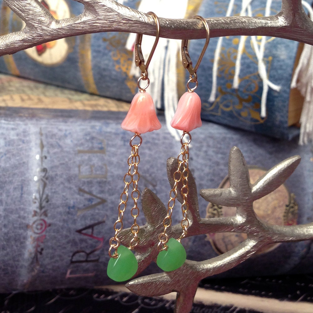 Earrings- Pink Lily & Green Drop w/14K Gold Filled