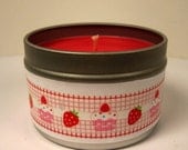 ON SALE Chocolate Covered Strawberry, Soy Candle, 4 oz decorative tin, Red, strawberries, strawberry short cake