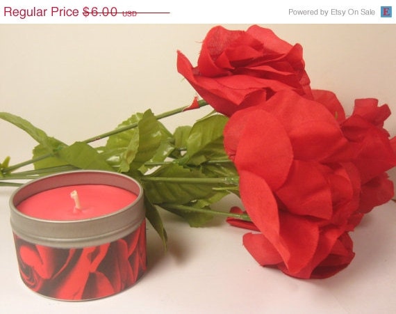 ON SALE Roses, Valentine Candle, Soy Candle, 4 oz travel tin, rose, bouquet, flowers, red