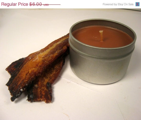 ON SALE Bacon Candle, Soy Candle, 4 oz, Men, Meat, Brown, travel tin, hemp wick, food candle,