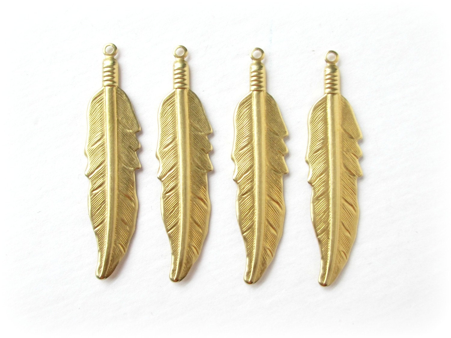 Raw Brass Tribal Feather Charms Pendants, 4 Pcs, Made in the USA