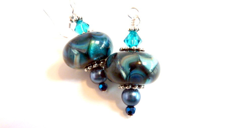Teal Glass Earrings, Zircon Bluegreen Swirl Glass Beaded Earrings, Handmade Lampwork Earrings