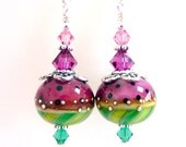 Watermelon Earrings, Dark Pink Green Glass Beaded Earrings, Fuscia Green Lampwork Earrings,  Summer Earrings, Watermelon Fun in the Sun