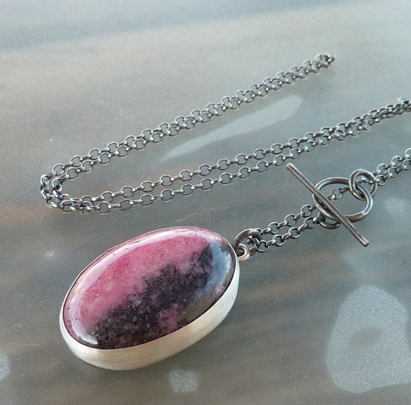 Australian Rhodonite Necklace, Statement necklace, Pink & Black Rhodonite pendant,  Oxidized silver chain