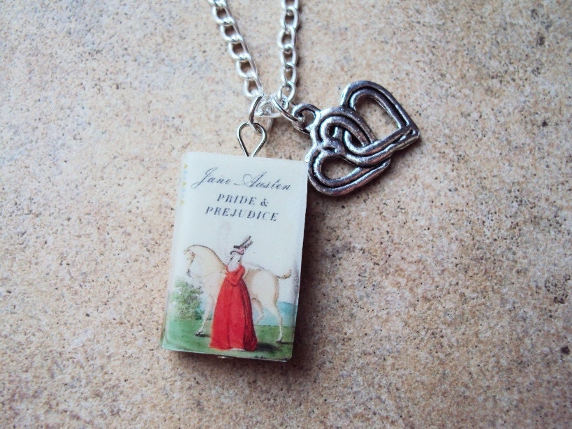 Pride and Prejudice Necklace with Book Charm and Intertwined Hearts Charm