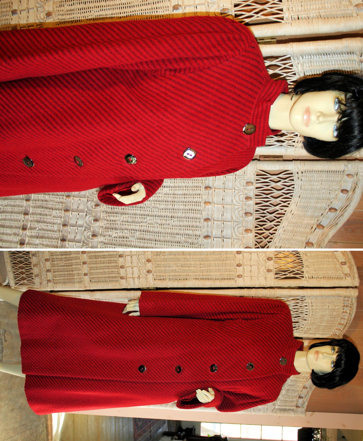 Pauline Trigere Red Coat Striped Wool with Hematite Buttons 70s Vintage M