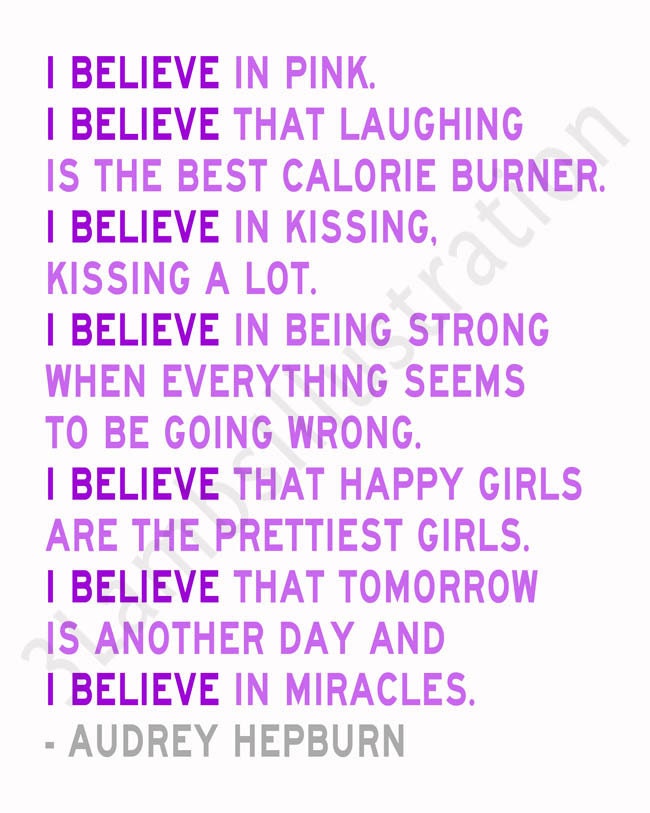 I Believe in Pink Audrey Hepburn 5 x 7 Lavender Purple Gray Quote Print