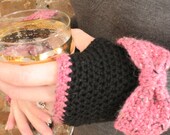 Hand Crocheted Women's Fingerless Gloves - Black with Pink Donegal Tweed - Merino Wool - Ready to Ship