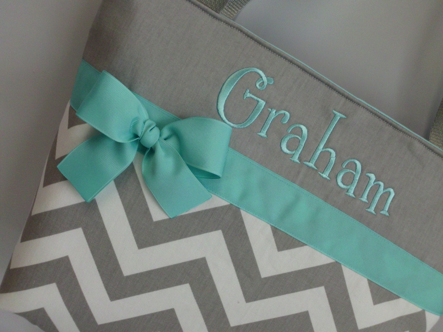 NEW ....CHEVRON  in Gray .. ..Light  AQUA  Accents  ...   Diaper Bag ... Monogrammed  FReE