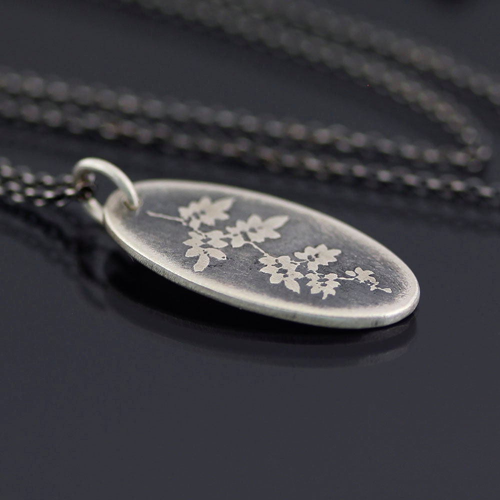 Small Vine Branch Necklace - Etched Sterling Silver Pendant