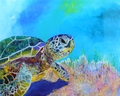 Honu 4 Original Sea Turtle Reverse Acrylic Painting by Marionette from Kauai Hawaii