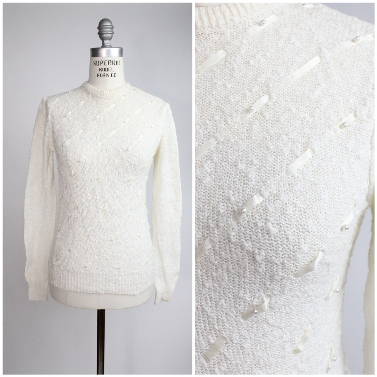 Vintage Nubby Knit Cream Sweater / Vtg Crewneck Pullover with Ribbon and Pearls / xs